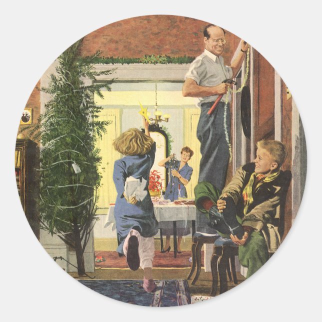 Weihnachten, Familie Dekorieren des Hauses Runder Aufkleber (Vorderseite)