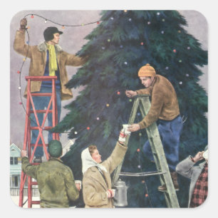 Weihnachten, Familienseher am Baum Quadratischer Aufkleber