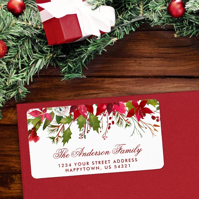 Weihnachten Farbe Blütenrot Poinsettia Adressaufkleber (Customize to change text size, color or text style.)
