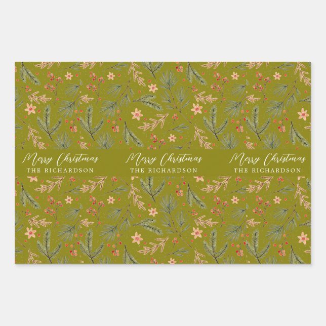 Weihnachten Farbenfrohe minimale botanische floral Geschenkpapier Set (Vorderseite)
