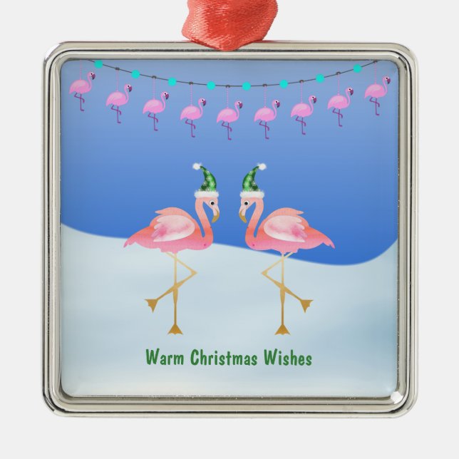 Weihnachten Flamingo und Lichter - Warme Wünsche Ornament Aus Metall (Vorne)