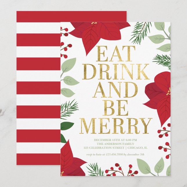 Weihnachten Floral Gold essen Drink und Sei froh P Einladung (Vorne/Hinten)