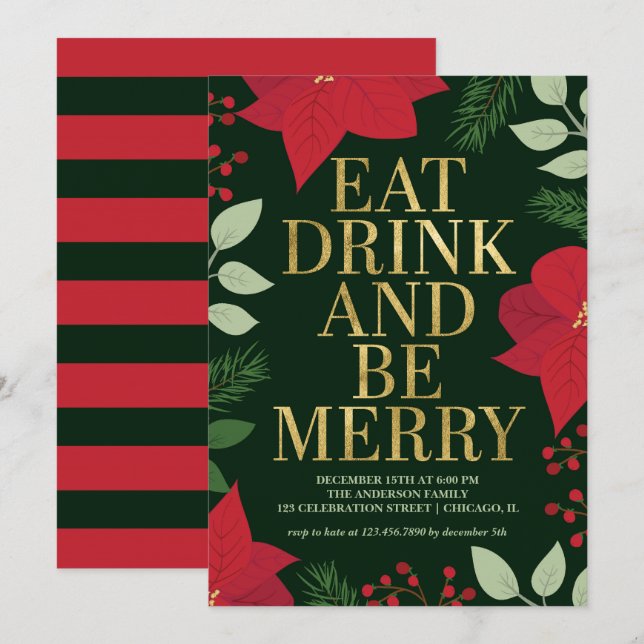 Weihnachten Floral Gold essen Drink und Sei froh P Einladung (Vorne/Hinten)