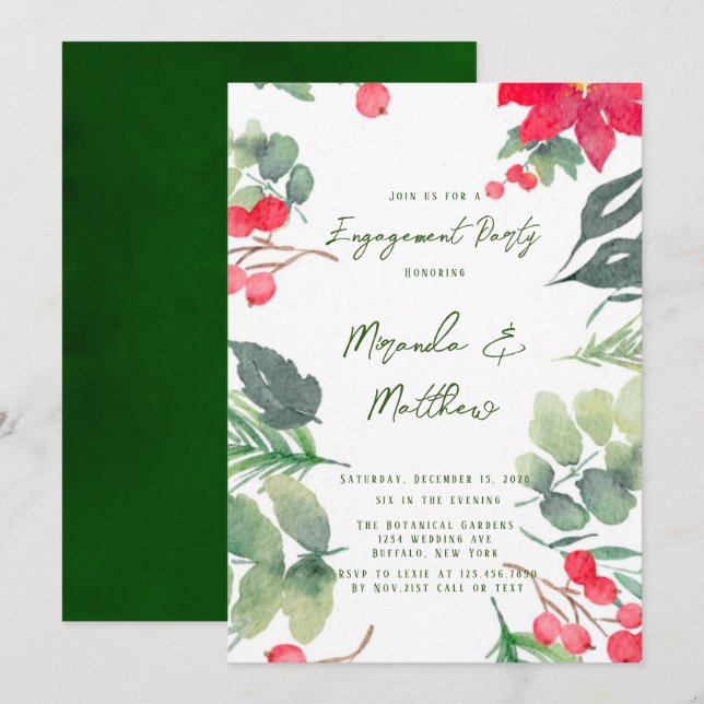 Weihnachten florale Paint Green Leaaf Engagement P Einladung (Vorne/Hinten)