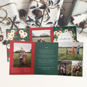 Weihnachten Florals Rotes und grünes 5-Foto Dreifach Gefaltete Einladung