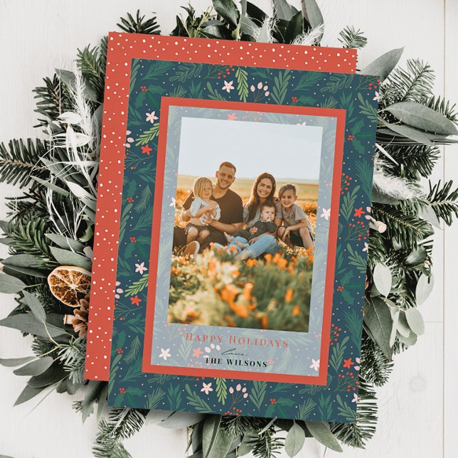 Weihnachten Foliage Navy Blue Holiday Foto Card Einladung (Von Creator hochgeladen)