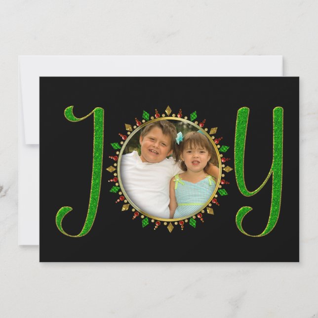 Weihnachten, Foto Beilage, JOY Green Imitats Juwel Einladung (Vorderseite)