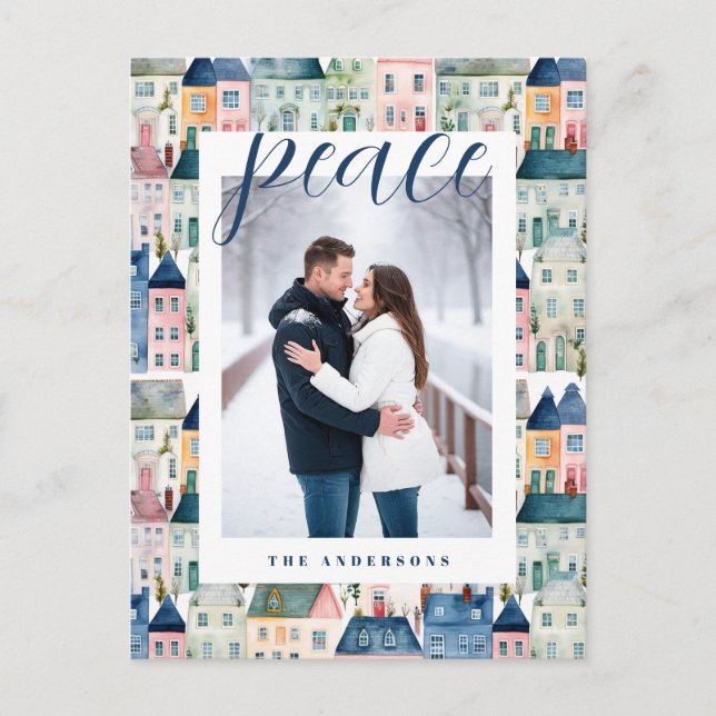 Weihnachten Foto Wasserfarbenfrohe Häuser Blau (Vorderseite)