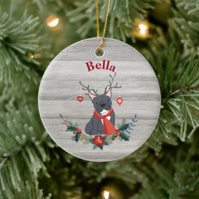 Weihnachten Französischer Bulldogge Antlers & Rust Keramik Ornament (Baum)