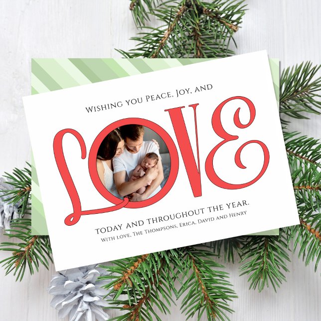 Weihnachten Frieden Freude und Liebe Niedlich Mode (Christmas holiday "Love" typography greeting card with photo template. )