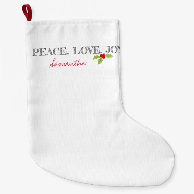 Weihnachten Frieden Liebe Joy Holly NAME Festive Großer Weihnachtsstrumpf (Vorderseite)