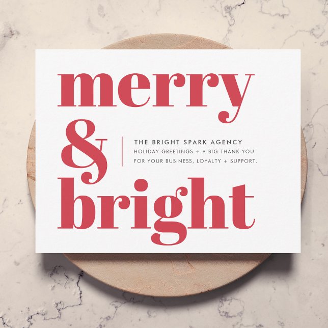 Weihnachten froh und hell Rot Unternehmen (Business holiday card by Guava, featuring bold “Merry & Bright” typography in bright festive red)