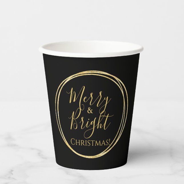 Weihnachten Frohe und helle schwarze Gold Pappbecher (Vorderseite)