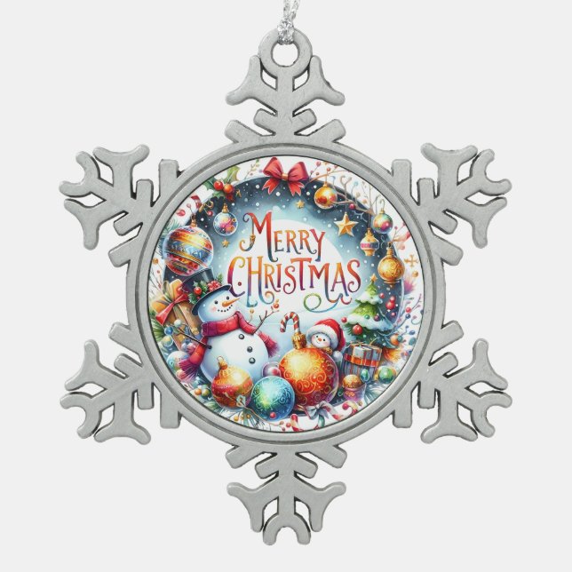 Weihnachten frohe Weihnachten Schneeflocken Zinn-Ornament (Vorderseite)
