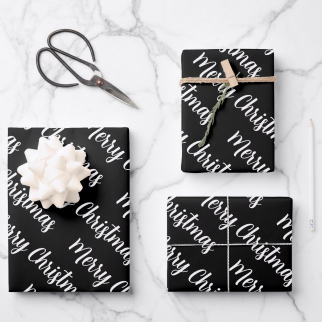 Weihnachten fröhliche schwarze Hintergrundschrift  Geschenkpapier Set (Vorderseite)