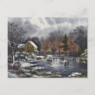 Weihnachten, Frühe Winter Skater auf einem Teich Feiertagspostkarte