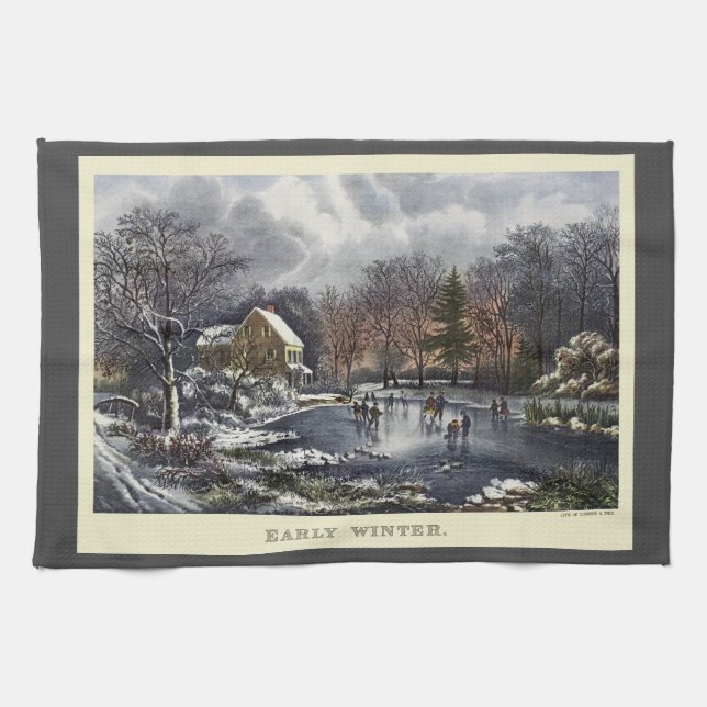 Weihnachten, Frühe Winter Skater auf einem Teich Geschirrtuch (Horizontal)