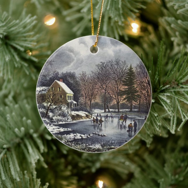 Weihnachten, Frühe Winter Skater auf einem Teich Keramik Ornament (Baum)