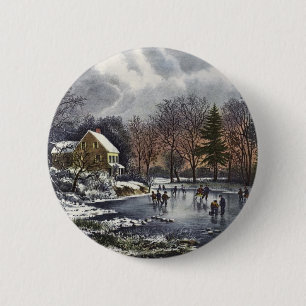 Weihnachten, Frühe Winter Skater auf Teich Button