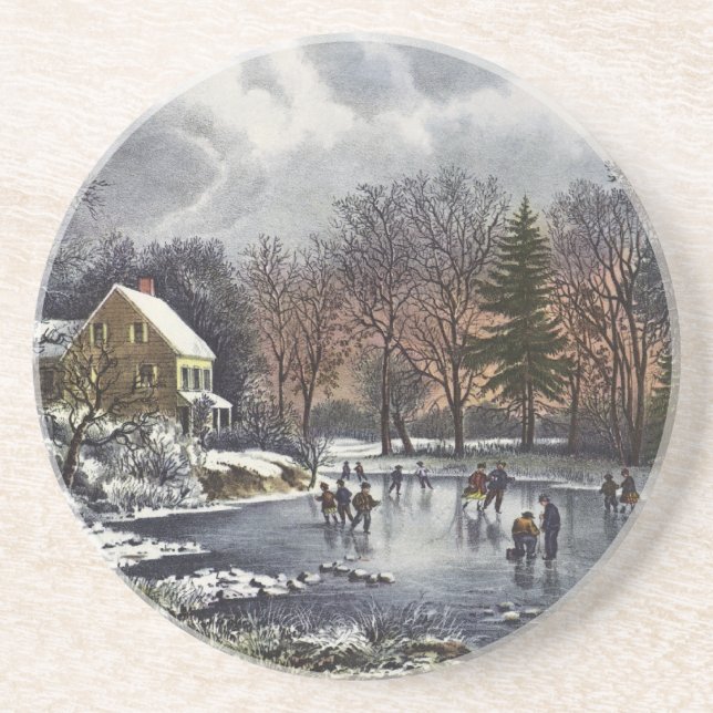 Weihnachten, Frühe Winter Skater auf Teich Getränkeuntersetzer (Vorne)