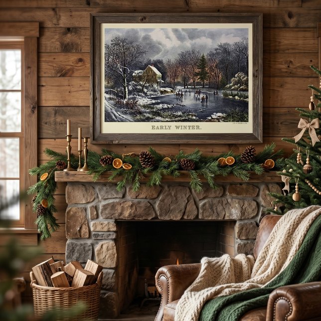 Weihnachten, Früherer Winter mit Eis-Skatern Poster (Vintage illustration Christmas image originally published by Currier & Ives - Early Winter, 1869.)