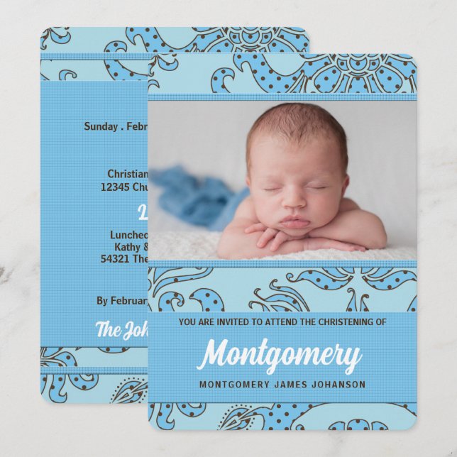 Weihnachten für Baby Boy Blue und Brown Einladung (Vorne/Hinten)