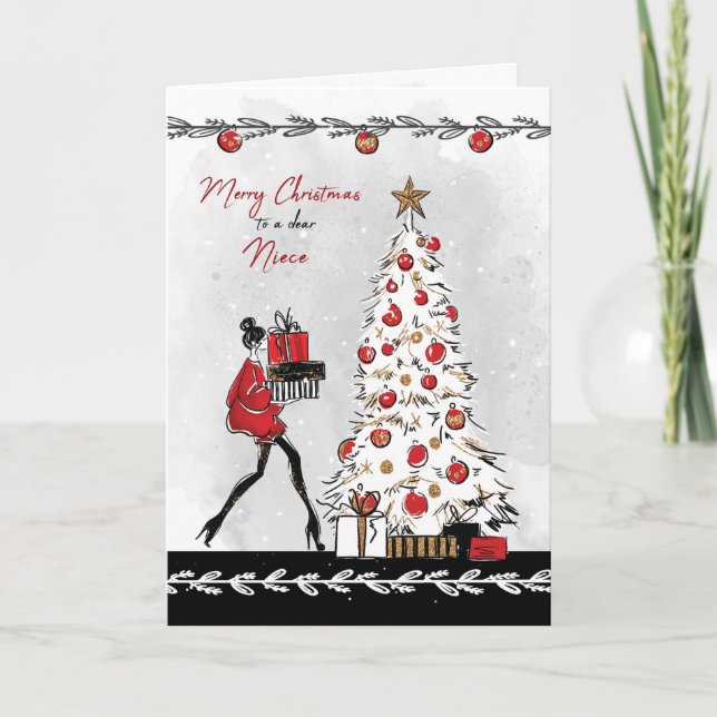 Weihnachten für Nichte Stilvolle Dame mit Geschenk Karte (Vorderseite)