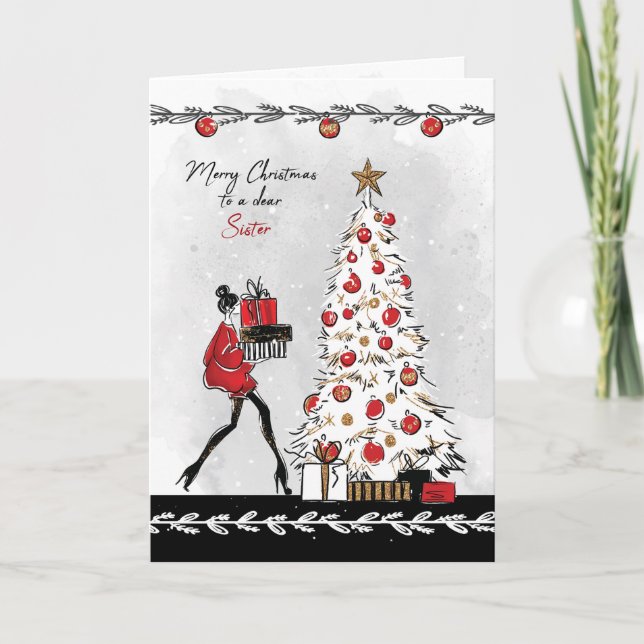 Weihnachten für Schwester Modern Stylish Lady Karte (Vorderseite)