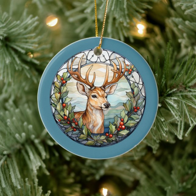Weihnachten für Vater Hirsche Kopf Antler Red Blue Keramik Ornament (Baum)