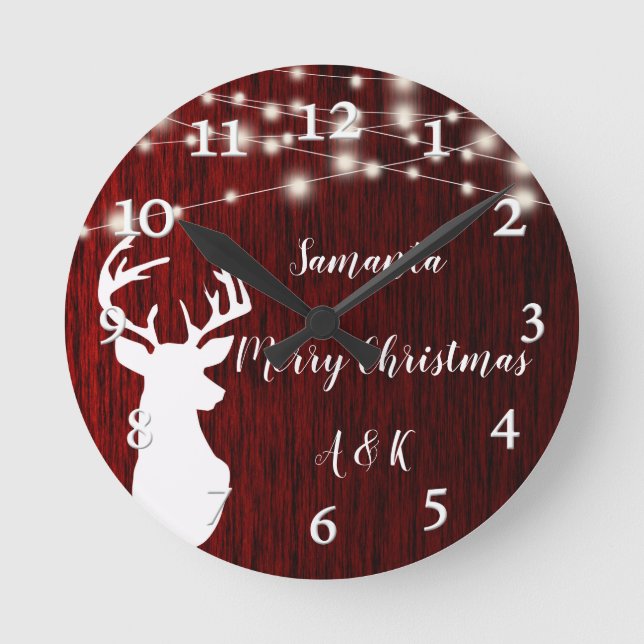 Weihnachten, Garland, Hirschkopf, personalisiert Runde Wanduhr (Vorderseite)