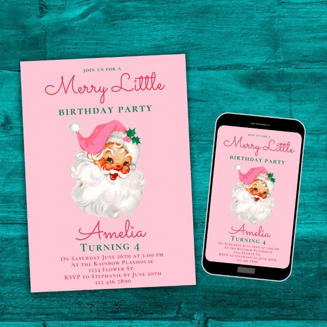 Weihnachten Geburtstag Einladung Pink Vintag Santa (Von Creator hochgeladen)