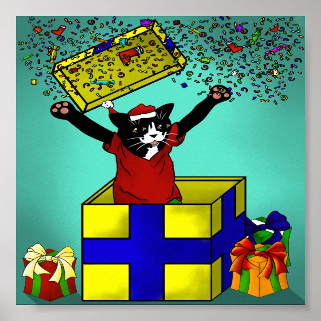 Weihnachten Gegenwart überraschende Katze Poster (Vorne)