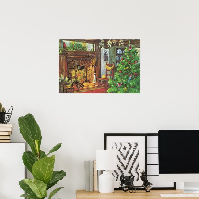 Weihnachten, gemütliche Blockhütte mit Kamin Poster (Heimbüro)