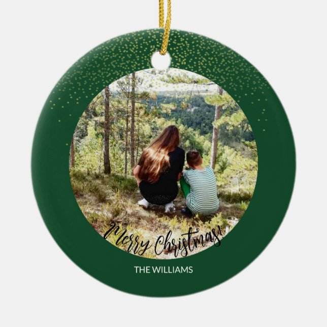 Weihnachten Gerahmtes Foto Forest Green Glitzer Keramik Ornament (Vorne)