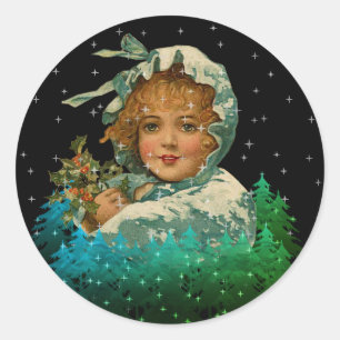 Weihnachten geschlossen Girl Night Stars Bäume Runder Aufkleber