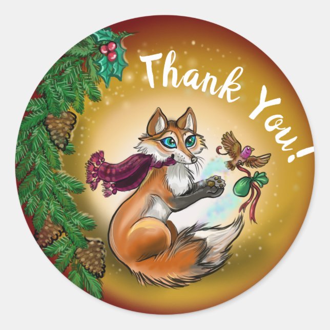 Weihnachten gifting Fox Vielen Dank! Runder Aufkleber (Vorderseite)