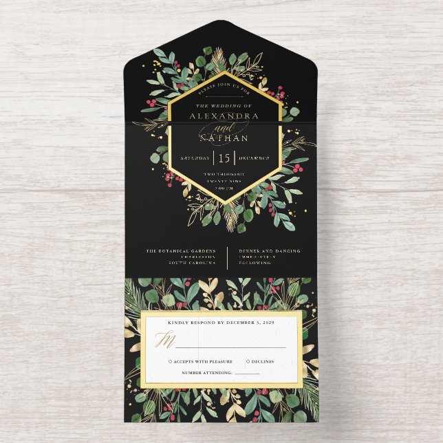 Weihnachten Gilded Greenery auf Schwarzer Hochzeit All-in-One-Einladung (Innenseite)