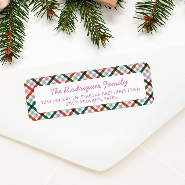 Weihnachten Gingham Pink Red Green Rücksendeadress (Christmas gingham pattern, pink red and green address label)