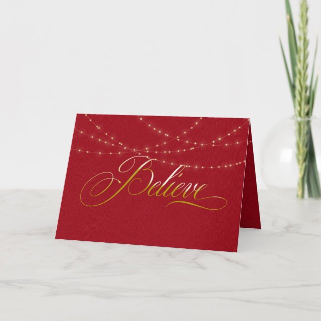 Weihnachten glauben auf Rot mit Goldlichtschnur Karte (Vorderseite)
