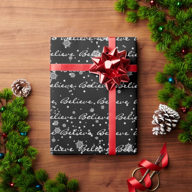 Weihnachten glauben Text und Schneeflocken Wrappin Geschenkpapier (Feiertagsgeschenk)