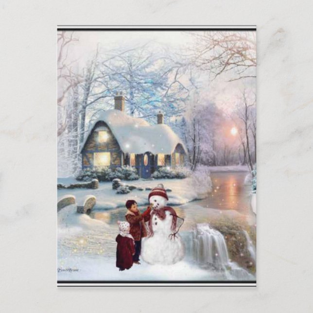 Weihnachten GListen Winter Snowman Scene Postkarte (Vorderseite)