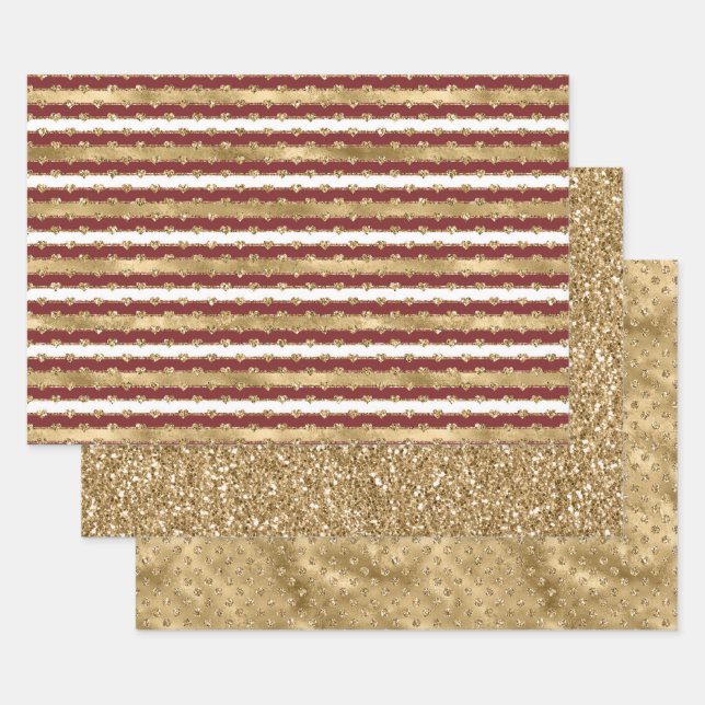 Weihnachten Glitzer Gold Rote Herzen Streifen Geschenkpapier Set (Set)