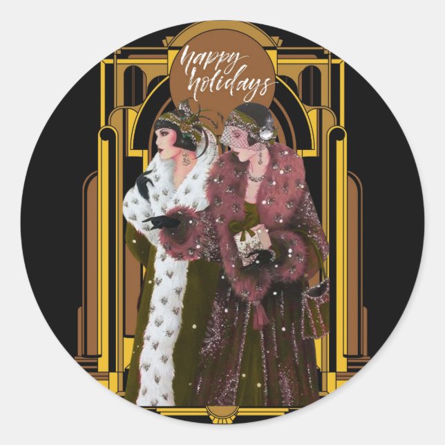 Weihnachten glückliche Ferien Art Deco Retro Ladys Runder Aufkleber (Vorderseite)