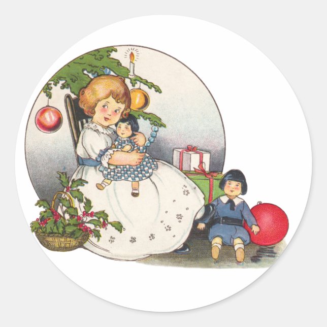 Weihnachten, glückliches Mädchen spielen mit Puppe Runder Aufkleber (Vorderseite)