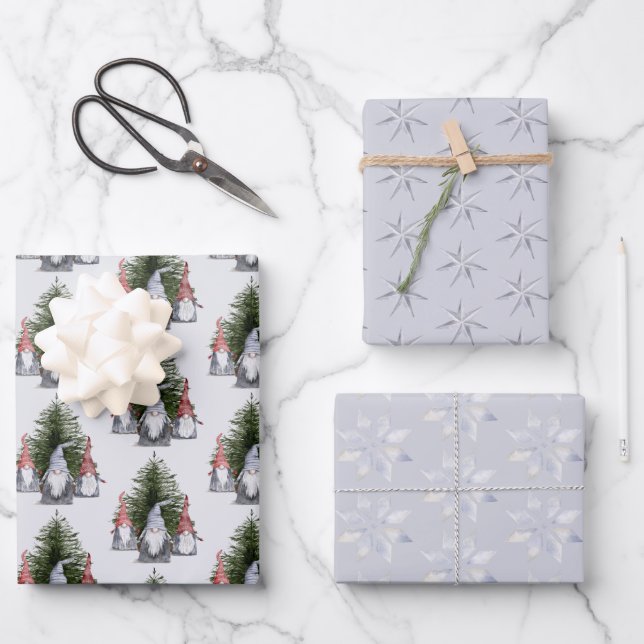 Weihnachten Gnomes Nordic Blue Snowflakes Sterne Geschenkpapier Set (Vorderseite)