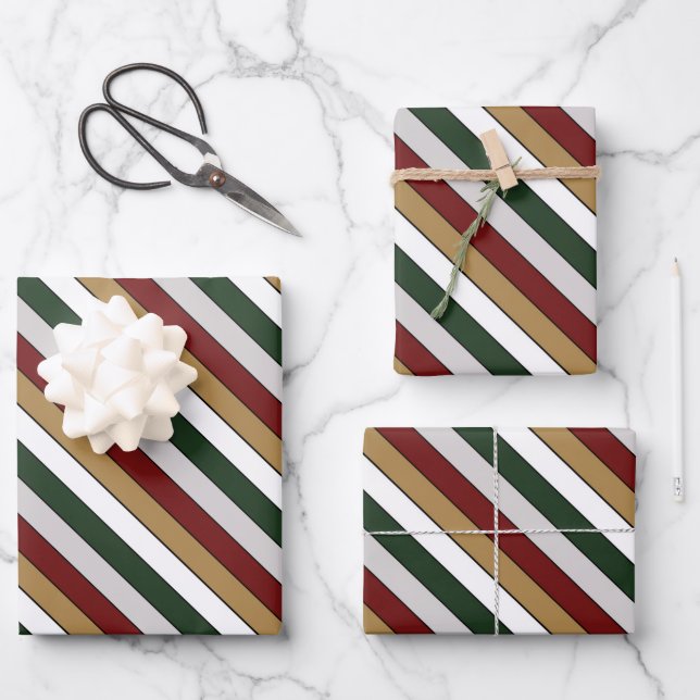 Weihnachten Gold Grün Rot Silber und Weiße Streife Geschenkpapier Set (Vorderseite)