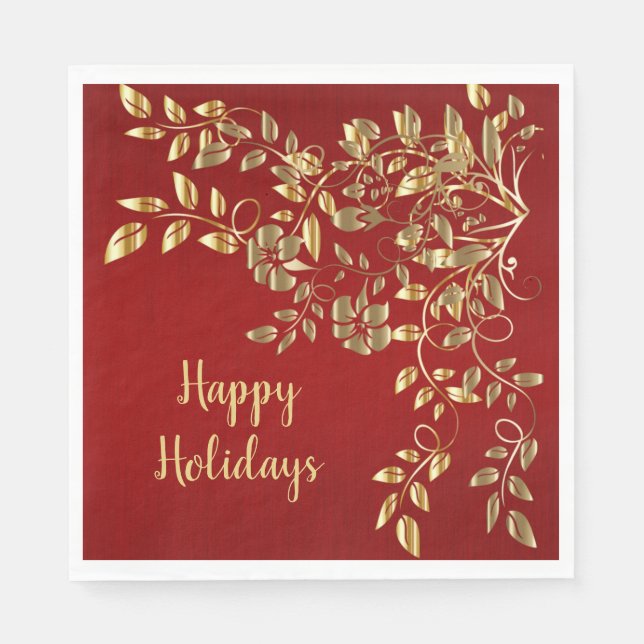 Weihnachten Golden Blätter Roter Urlaub Serviette (Vorderseite)