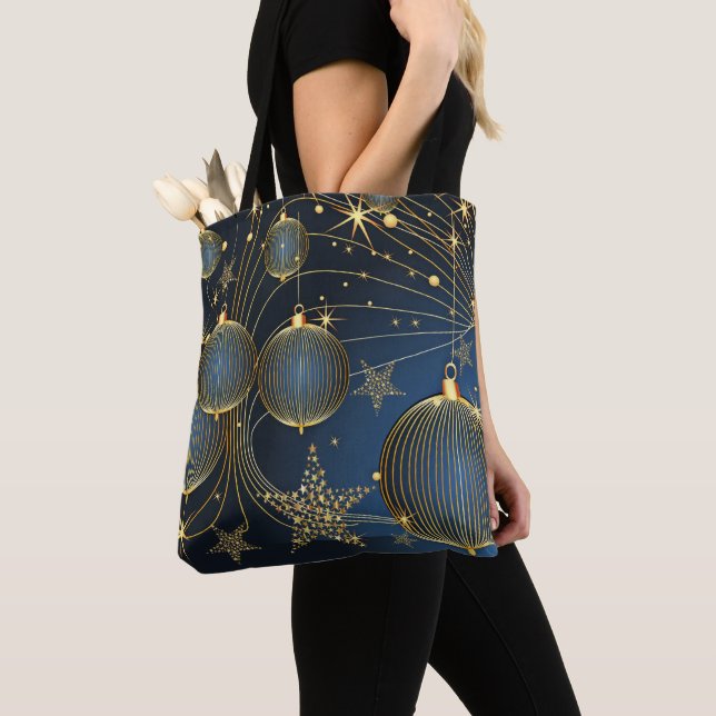 Weihnachten Golden Ornaments Navy Blue Holidays Ta Tasche (Von Nahem)