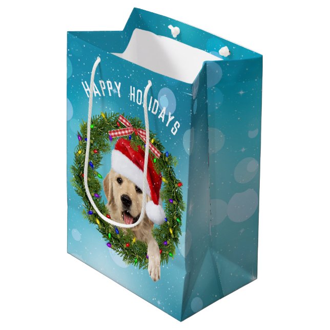 Weihnachten Golden Retriever auf Aqua Bokeh Mittlere Geschenktüte (Vorderseite Schrägansicht)