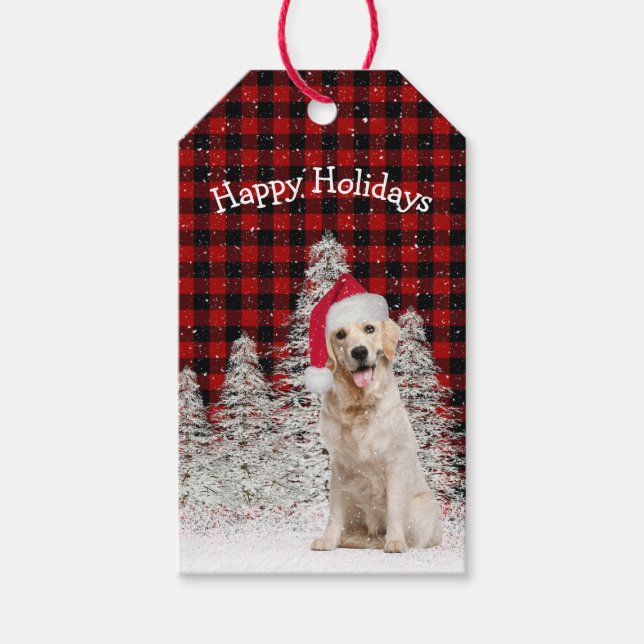 Weihnachten Golden Retriever auf Kariert Geschenkanhänger (Vorderseite)